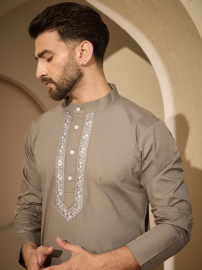 Men’s Embroidered Grey Cotton Kurta Pajama Set