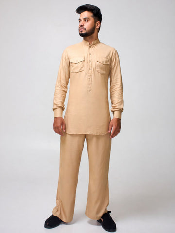 Nabia Men’s Beige Solid Farsi Kurta Pants Set