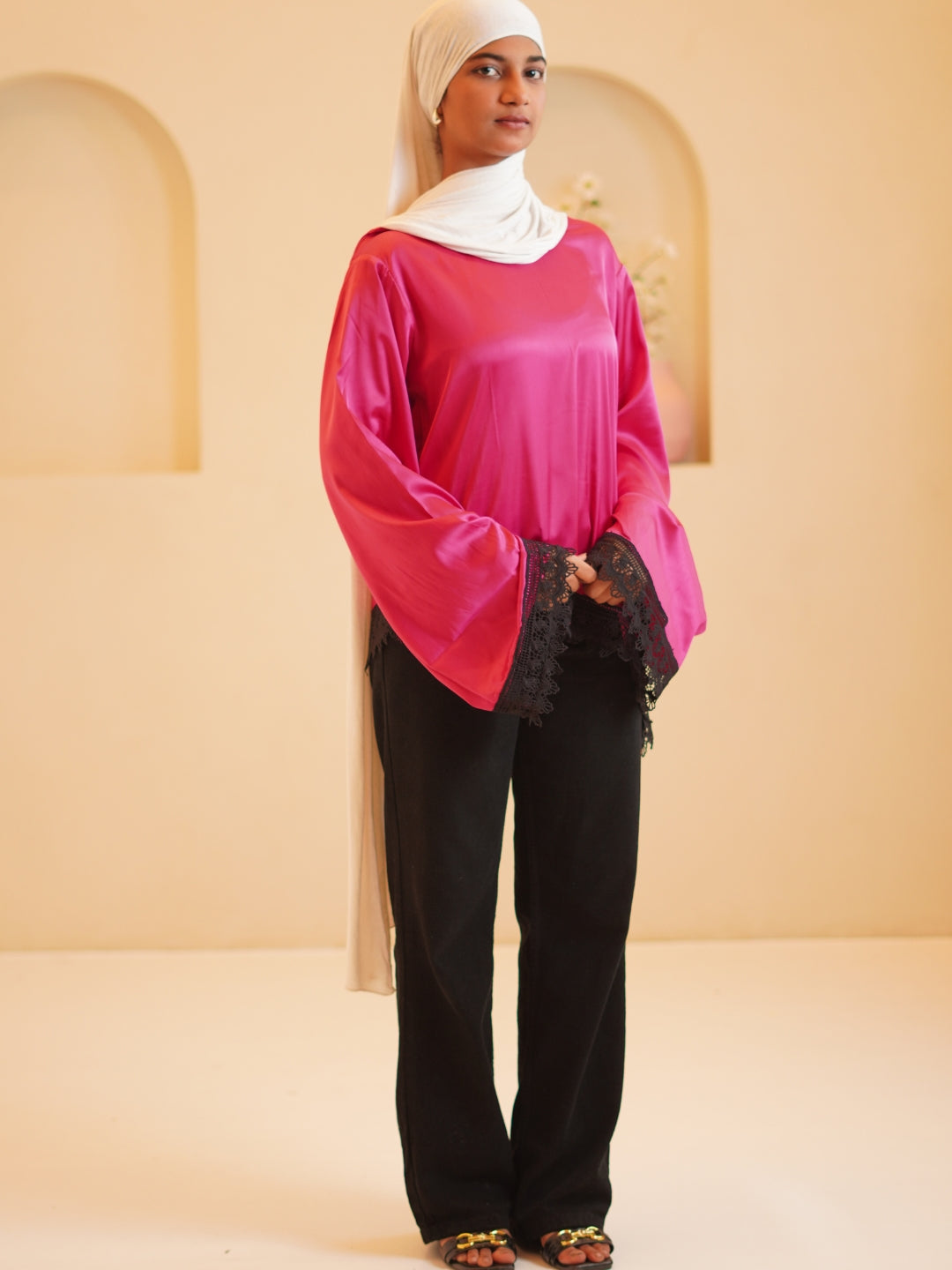 Women’s Modest Pink Asymmetric Lace Tunic Top