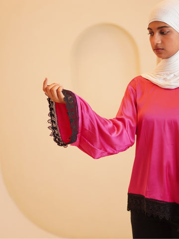 Women’s Modest Pink Asymmetric Lace Tunic Top