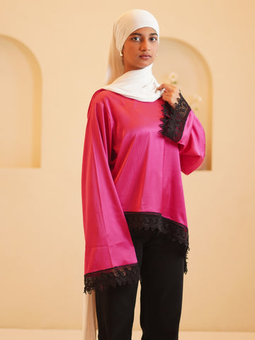 Women’s Modest Pink Asymmetric Lace Tunic Top