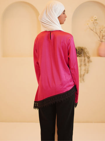 Women’s Modest Pink Asymmetric Lace Tunic Top