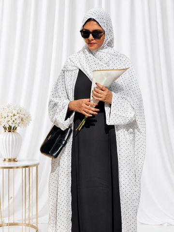 Modest Polka Printed Shrug Abaya with Black Inner & Matching Hijab