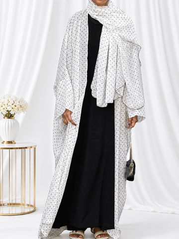 Modest Polka Printed Shrug Abaya with Black Inner & Matching Hijab
