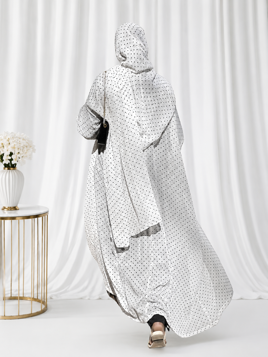 Modest Polka Printed Shrug Abaya with Black Inner & Matching Hijab