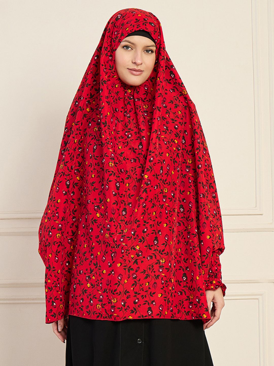 Nabia Red Printed Free Size Prayer Khimar