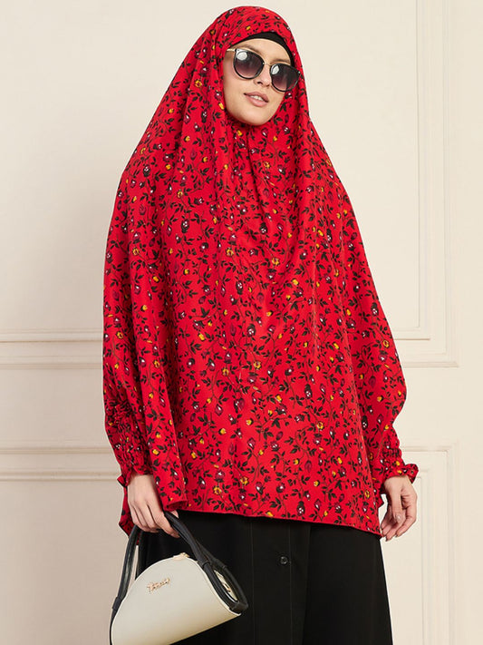 Nabia Red Printed Free Size Prayer Khimar