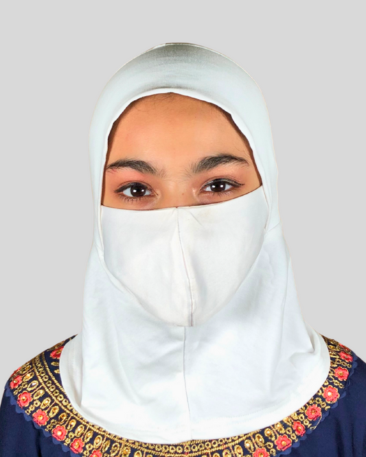 White Stretch Cotton Jersey Instant Hijab Cap with Tie