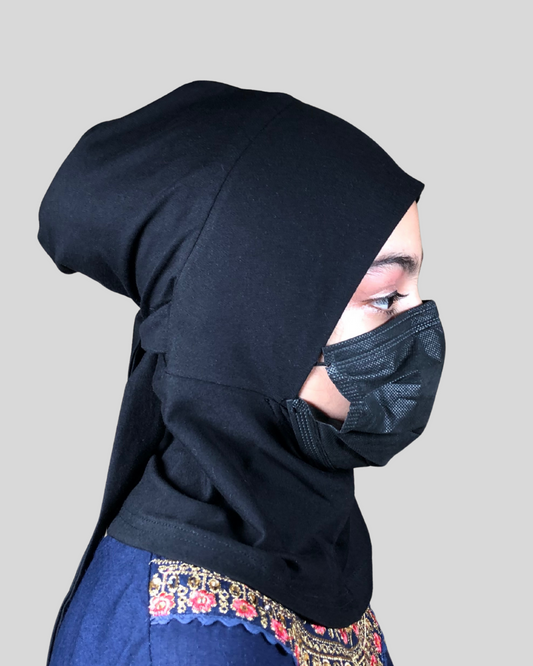 Black Stretch Cotton Jersey Instant Hijab Cap with Tie