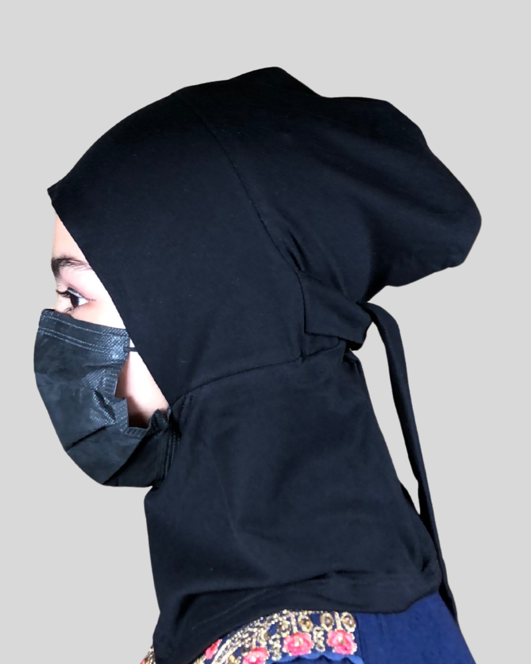 Black Stretch Cotton Jersey Instant Hijab Cap with Tie