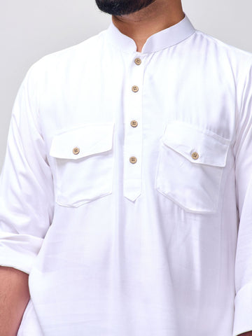 Nabia Men’s White Solid Farsi Kurta Pants Set