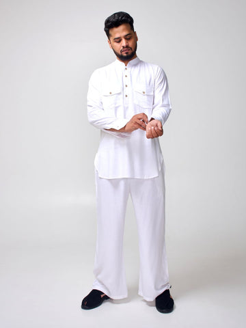 Nabia Men’s White Solid Farsi Kurta Pants Set