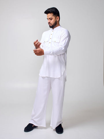 Nabia Men’s White Solid Farsi Kurta Pants Set