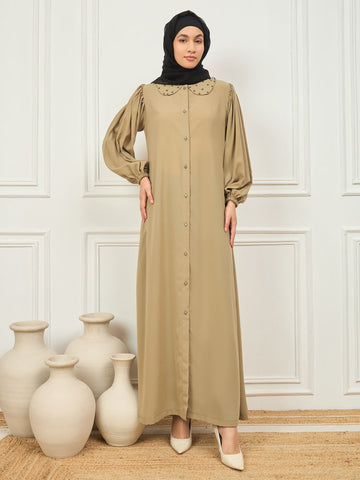 Front Open Beige abaya with black Georgette Hijab
