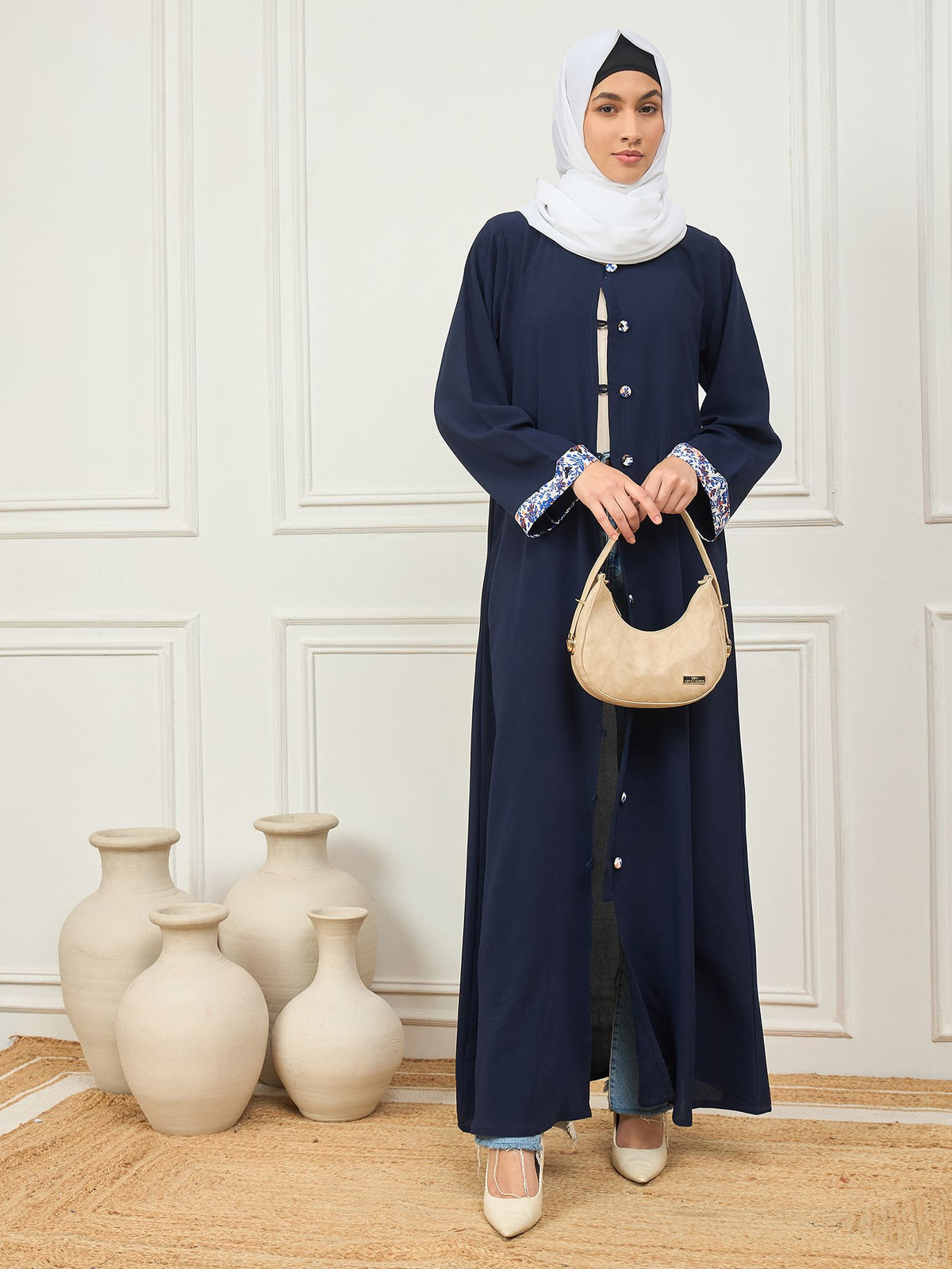 Nabia's Front Open abaya with White Georgette Hijab