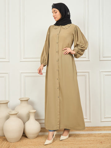 Front Open Beige abaya with black Georgette Hijab
