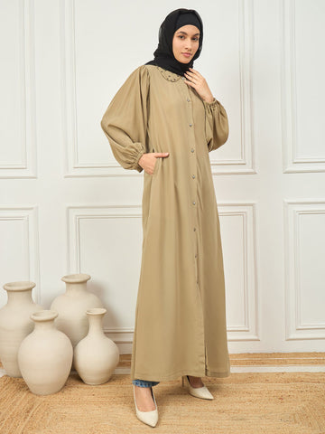 Front Open Beige abaya with black Georgette Hijab