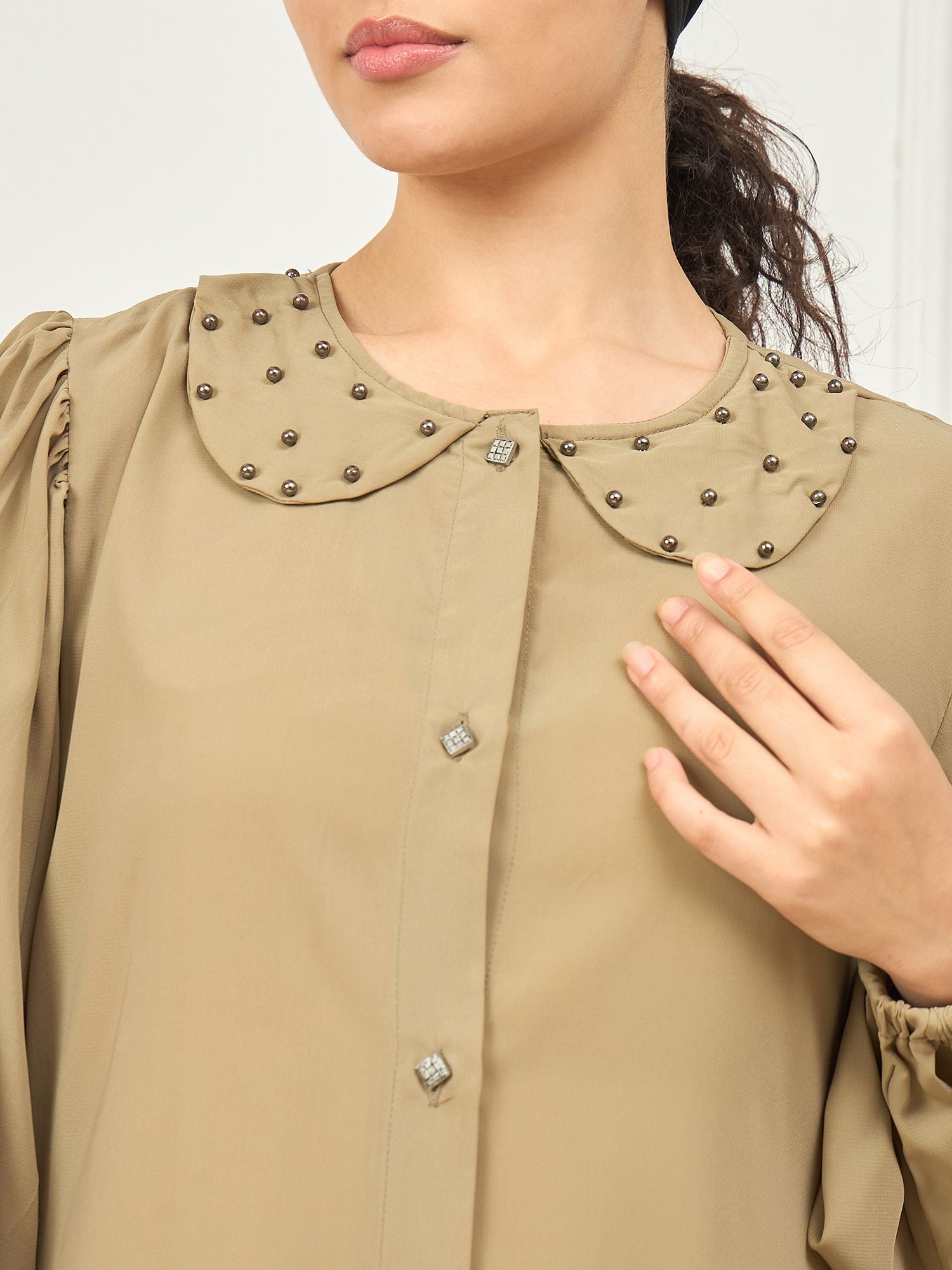 Front Open Beige abaya with black Georgette Hijab