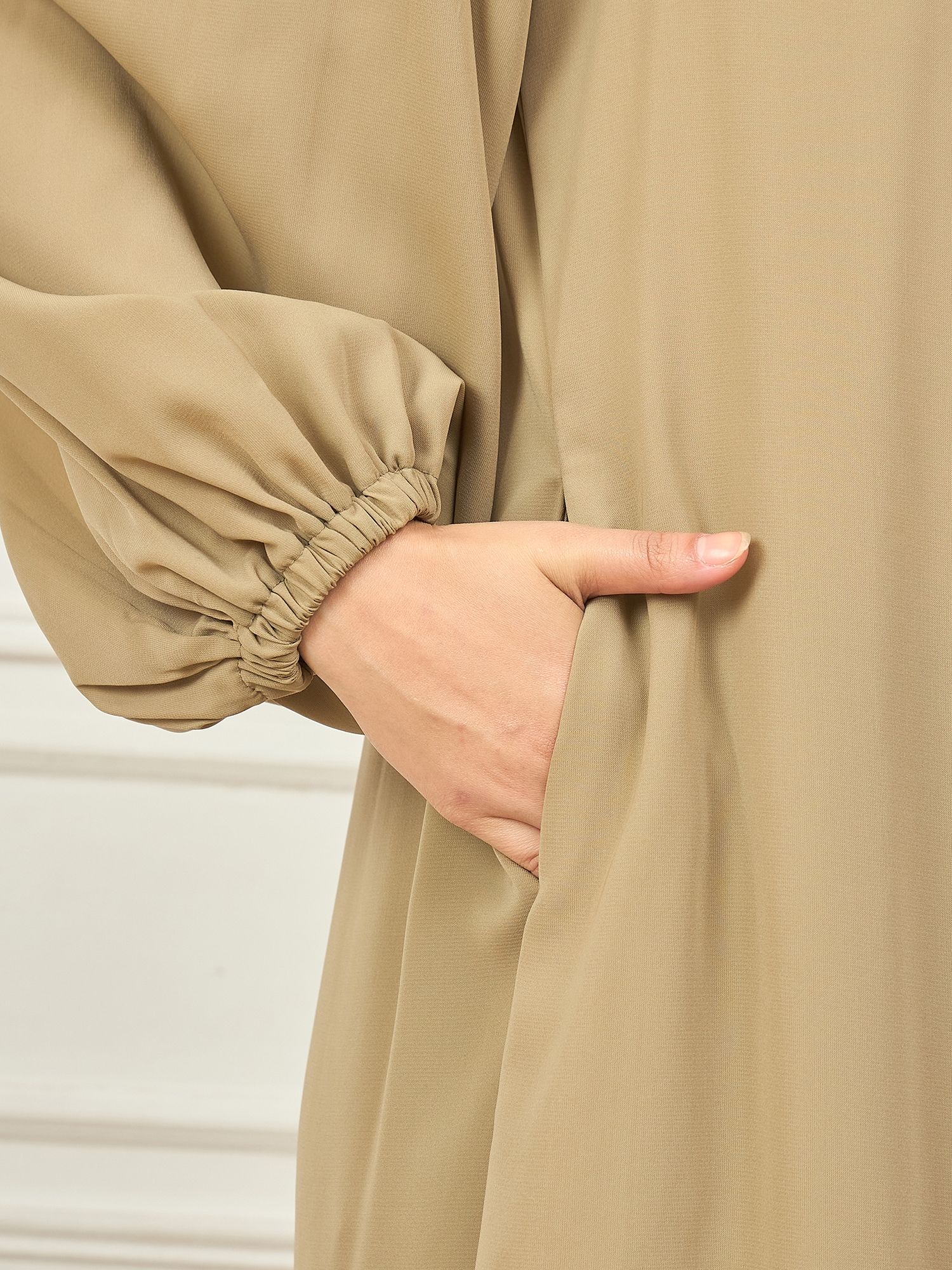 Front Open Beige abaya with black Georgette Hijab