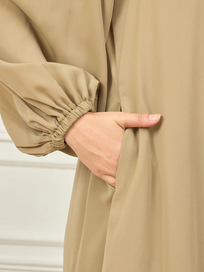 Front Open Beige abaya with black Georgette Hijab