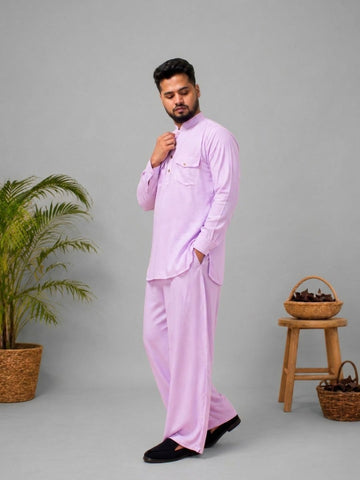 Nabia Men’s Lavender Solid Farsi Kurta Pants Set