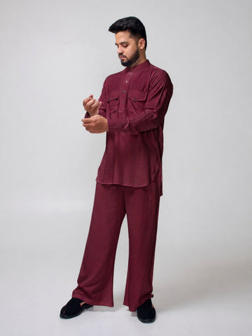Nabia Men’s Maroon Solid Farsi Kurta Pants Set