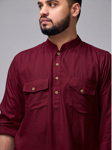 Nabia Men’s Maroon Solid Farsi Kurta Pants Set