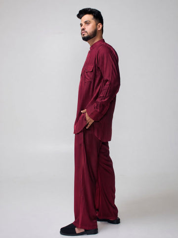 Nabia Men’s Maroon Solid Farsi Kurta Pants Set