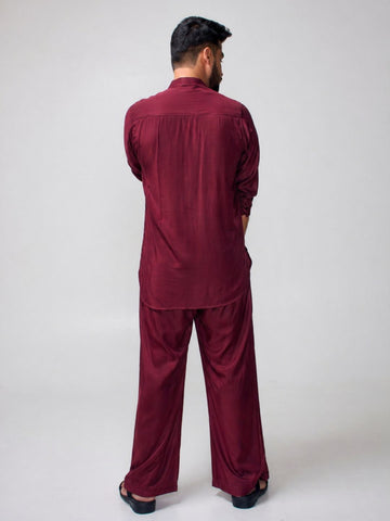 Nabia Men’s Maroon Solid Farsi Kurta Pants Set