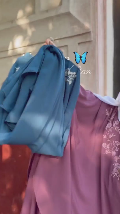 Nabia Sky Blue Irani Kaftan Abaya Chikan Hand Embroidered with Georgette Scarf
