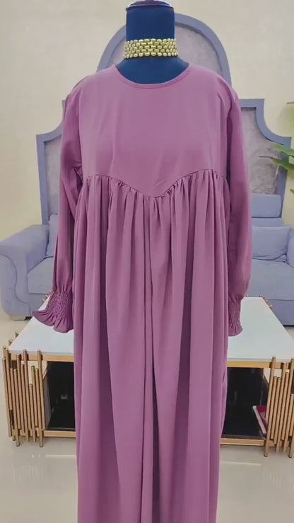 Fuce Pink Solid A-line Abaya with Black Georgette Scarf