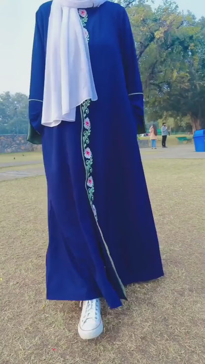 Nabia Front Open Embroidery Blue Abaya with Black Georgette Hijab