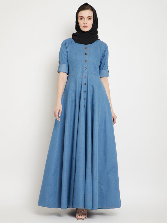 Nabia Women Blue Solid Denim Cotton Fabric Abaya With Georgette Scarf