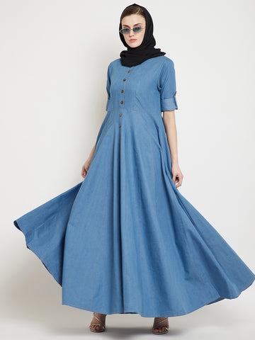 Nabia Women Blue Solid Denim Cotton Fabric Abaya With Georgette Scarf