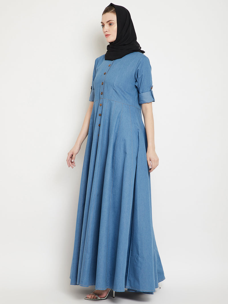 Nabia Women Blue Solid Denim Cotton Fabric Abaya With Georgette Scarf