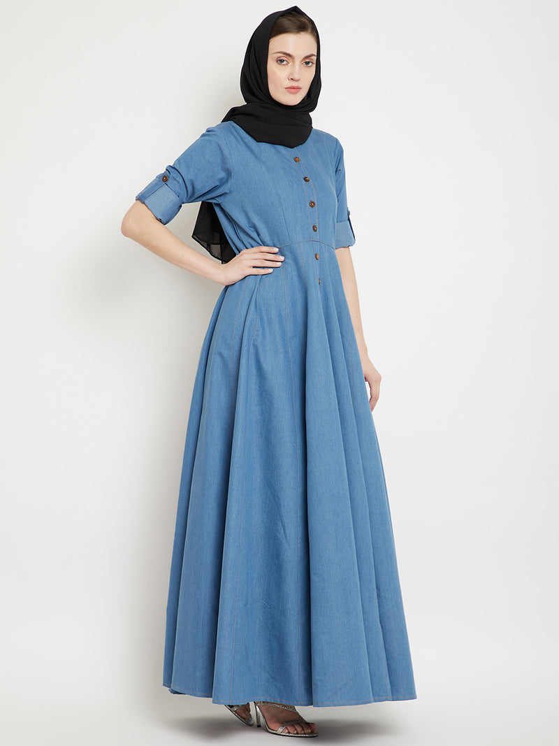 Nabia Women Blue Solid Denim Cotton Fabric Abaya With Georgette Scarf