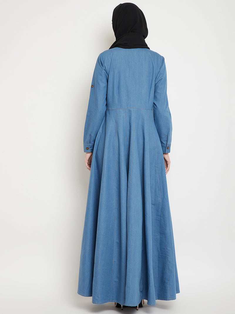 Nabia Women Blue Solid Denim Cotton Fabric Abaya With Georgette Scarf