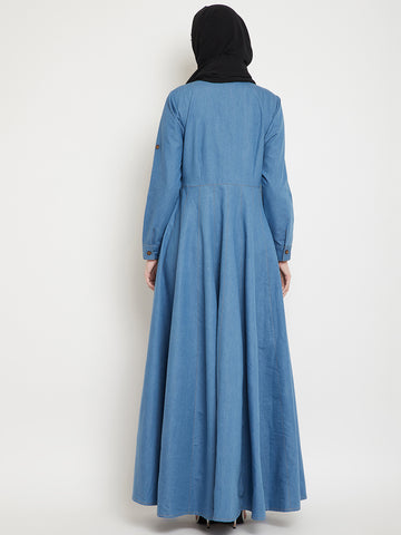 Nabia Women Blue Solid Denim Cotton Fabric Abaya With Georgette Scarf