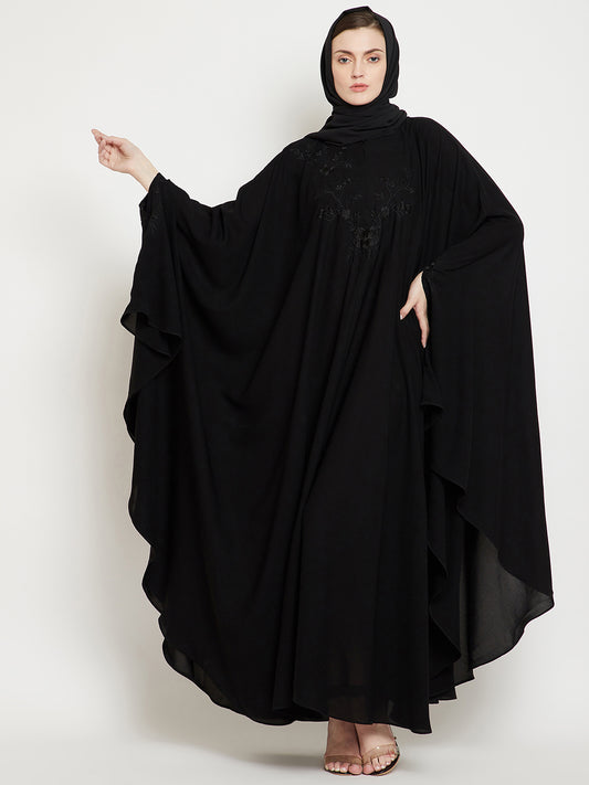 Nabia Women Black Irani Kaftan Solid Abaya Enhanced With Chikan Hand Embroidered  With Georgette Scarf