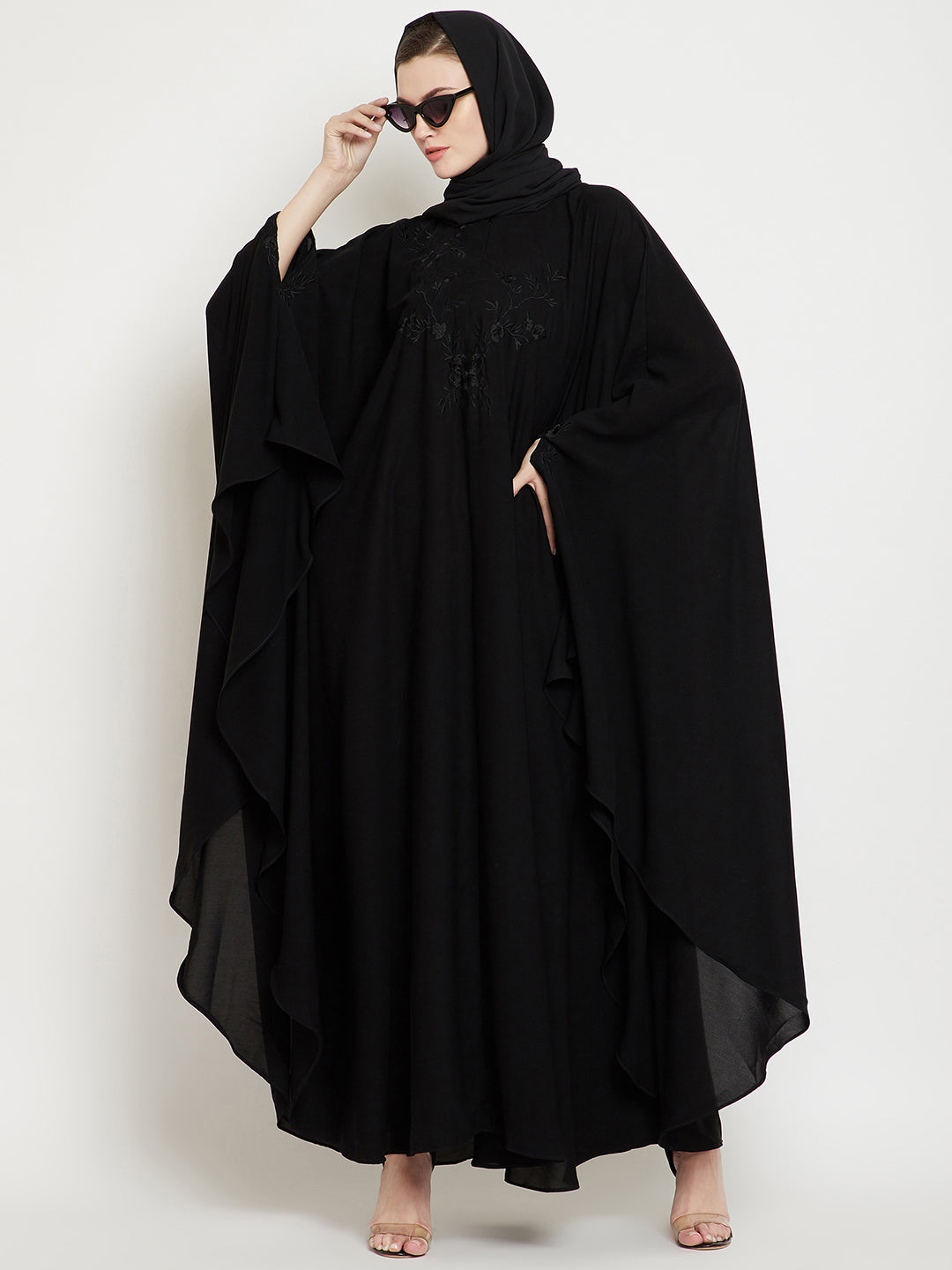 Nabia Women Black Irani Kaftan Solid Abaya Enhanced With Chikan Hand Embroidered  With Georgette Scarf