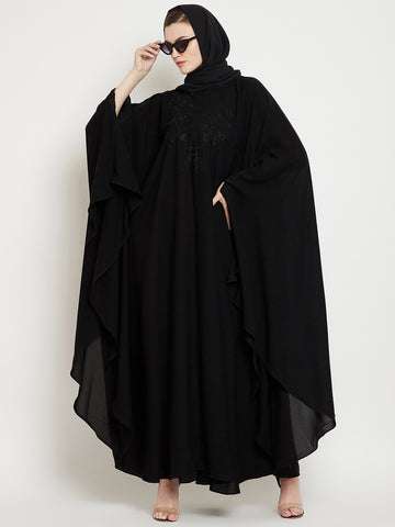Nabia Women Black Irani Kaftan Solid Abaya Enhanced With Chikan Hand Embroidered  With Georgette Scarf