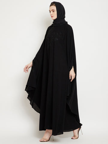 Nabia Women Black Irani Kaftan Solid Abaya Enhanced With Chikan Hand Embroidered  With Georgette Scarf
