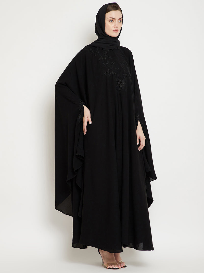 Nabia Women Black Irani Kaftan Solid Abaya Enhanced With Chikan Hand Embroidered  With Georgette Scarf