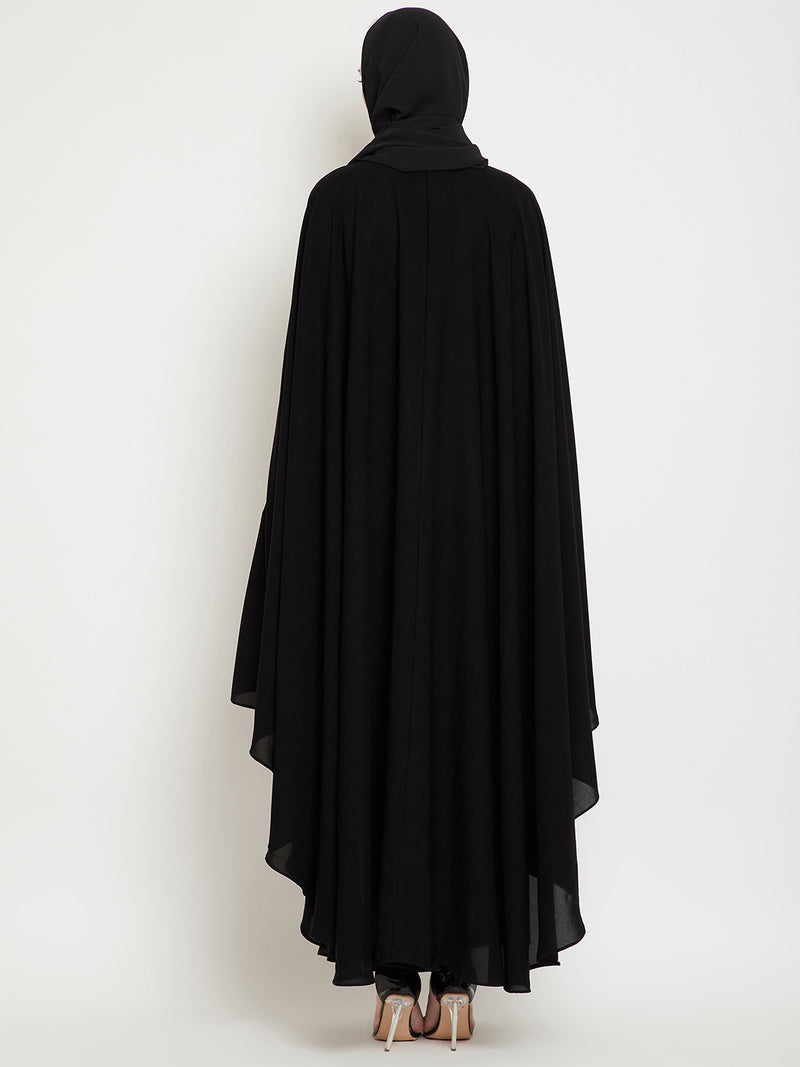 Nabia Women Black Irani Kaftan Solid Abaya Enhanced With Chikan Hand Embroidered  With Georgette Scarf