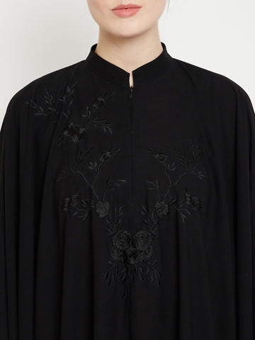 Nabia Women Black Irani Kaftan Solid Abaya Enhanced With Chikan Hand Embroidered  With Georgette Scarf