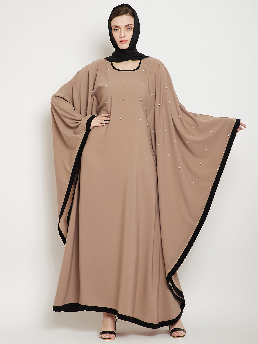 Nabia Women Beige Solid Kaftan Abaya Enhanced Pearl Design With Georgette Scarf