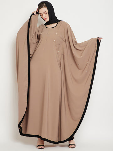 Nabia Women Beige Solid Kaftan Abaya Enhanced Pearl Design With Georgette Scarf