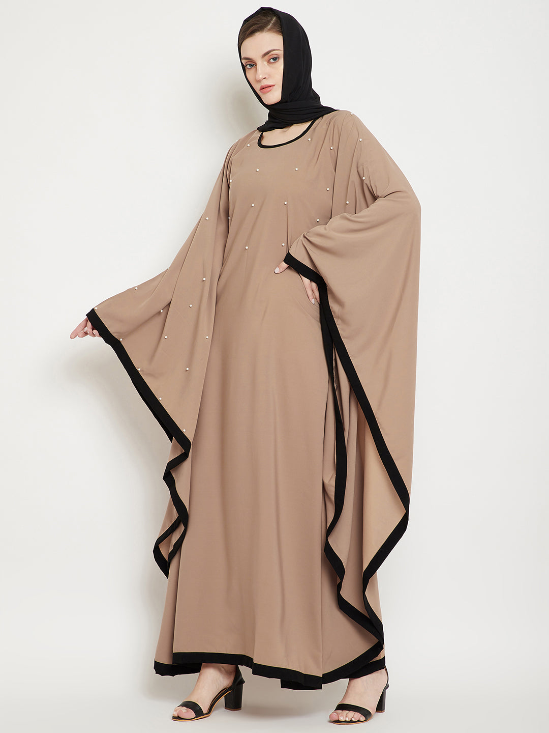 Nabia Women Beige Solid Kaftan Abaya Enhanced Pearl Design With Georgette Scarf