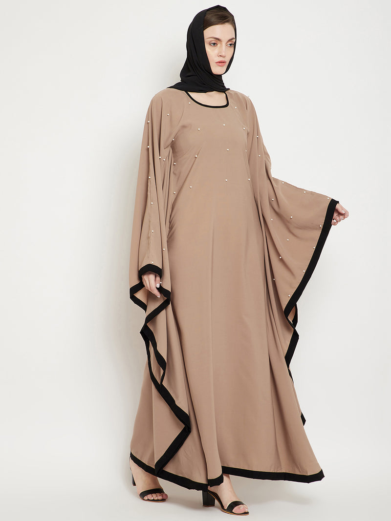Nabia Women Beige Solid Kaftan Abaya Enhanced Pearl Design With Georgette Scarf