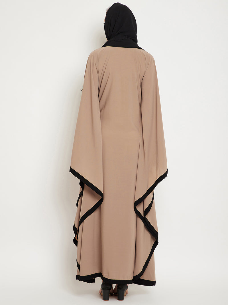 Nabia Women Beige Solid Kaftan Abaya Enhanced Pearl Design With Georgette Scarf